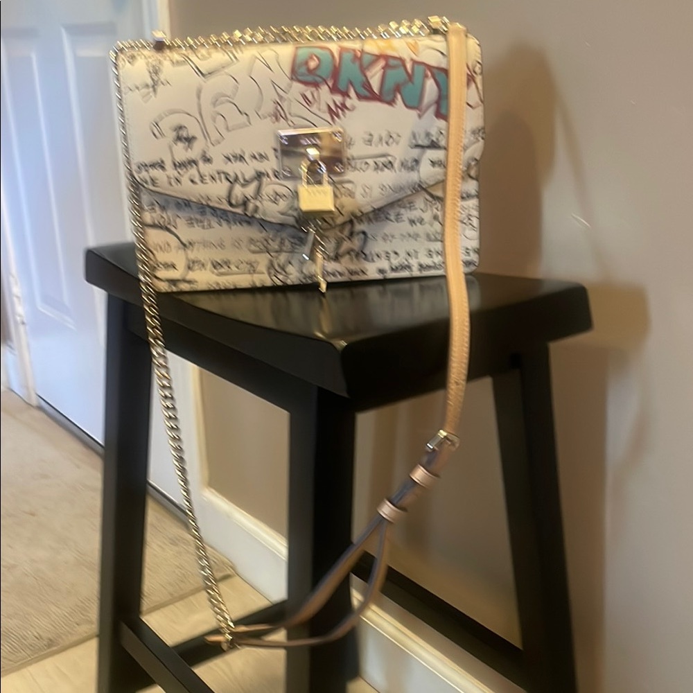 DKNY White and Tan Crossbody Bag with Chain Strap